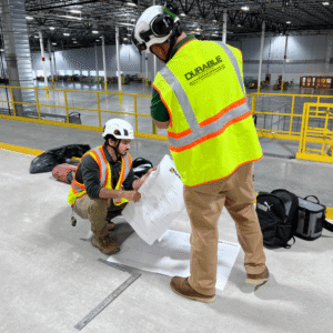 Concrete workers in safety gear inspect floor condition