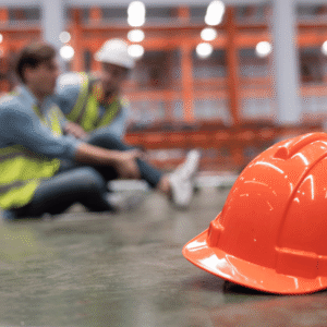 Worker in warehouse with injured leg orange hardhat